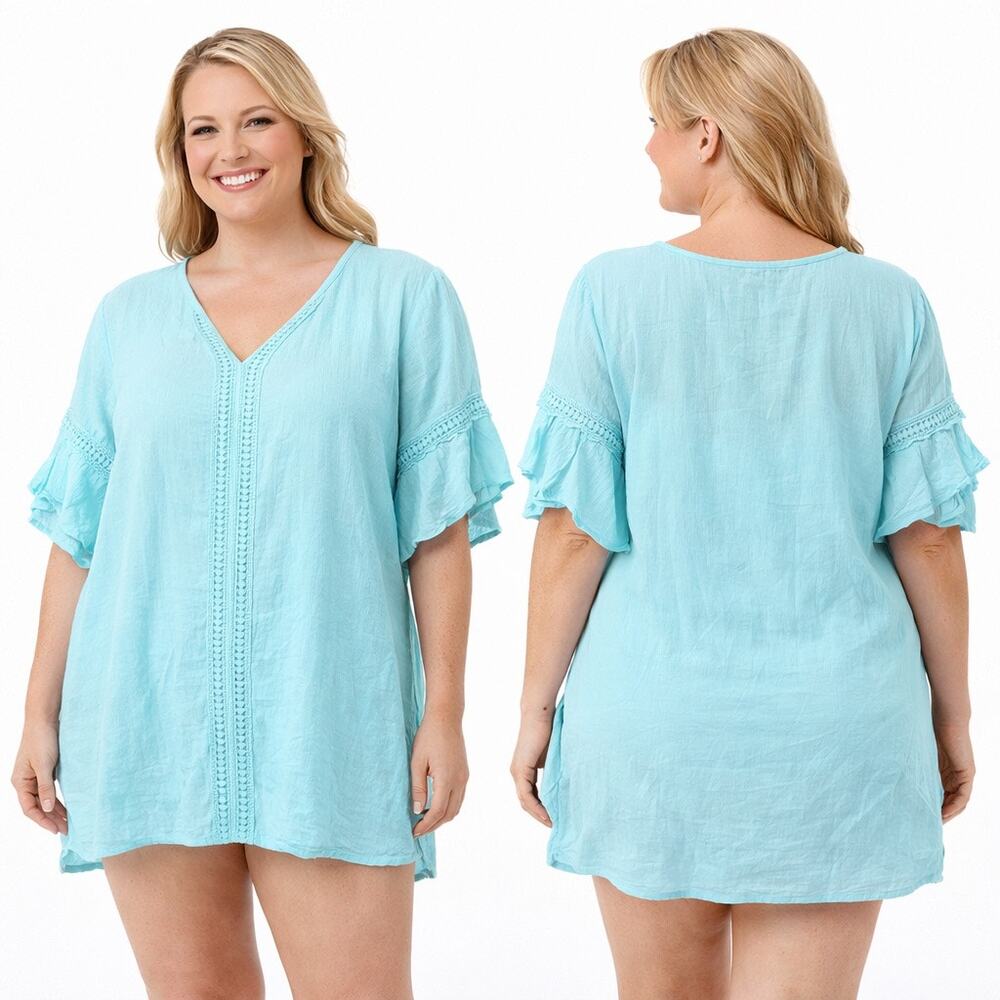 NWT Wave Zone Crinkle Split Sleeve Cover-Up Top –‎ Size 3X – Aqua
